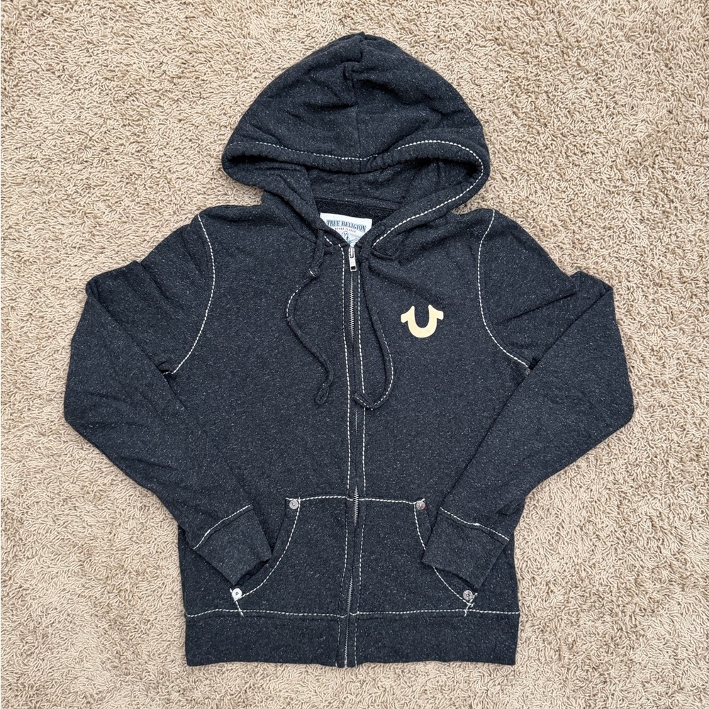 Vintage Y2K True Religion Women’s Small Dark Gray Horseshoe Full Zip Hoodie